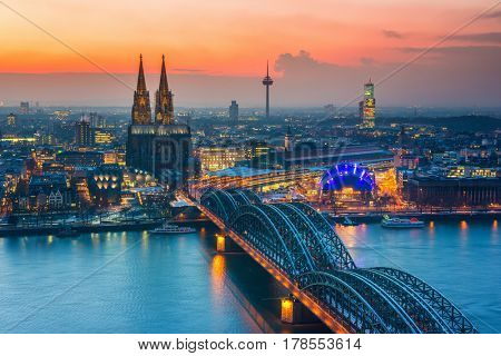 Aerial view on Cologne at night