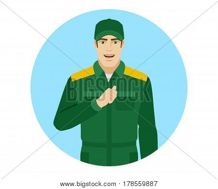 Worker pointing the finger at yourself. Self-promotion. Portrait of Delivery man or Worker in a flat style. Vector illustration.