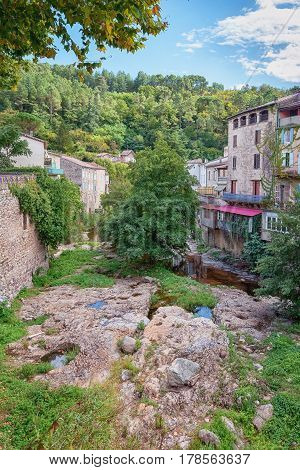 River along the old town Largentiere in the Ardeche region of France