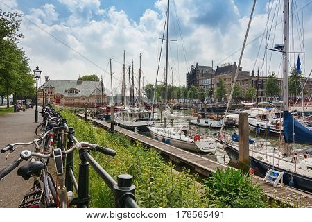 Rotterdam Netherlands - August 18 2016: Boats docked at a marina in Rotterdam.