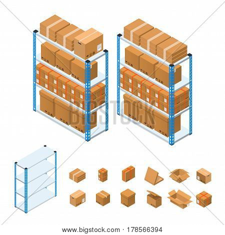 Warehouse Shelves Empty, Full and Cardboard Boxes Set Isometric View. Vector illustration