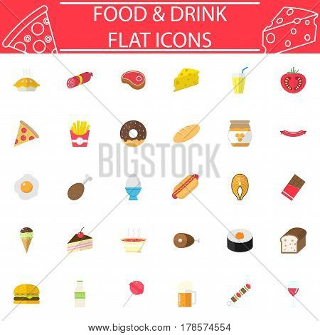 Food and drink flat pictograms package, Sweets symbols collection, fast food vector sketches, logo illustrations, meals colorful solid icon set isolated on white background, eps 10.