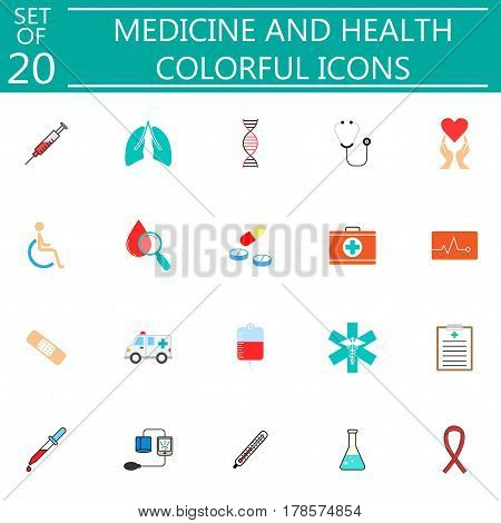 Medicine and health solid pictograms package, medical symbols collection, vector sketches, logo illustrations, colorful linear icons isolated on white background, eps 10.