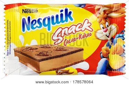 MOSCOW RUSSIA - MARCH 26 2017: Top view of Nestle Nesquik Snack Cacao isolated on white background with clipping path. 