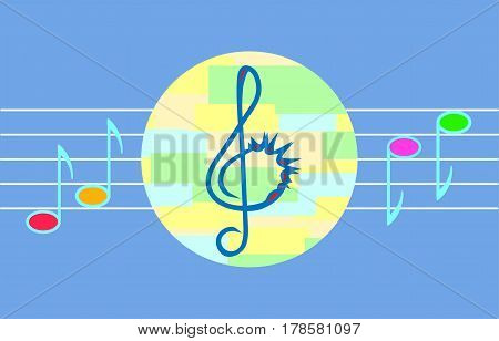 Vector music illustration for children. Isolated on blue background