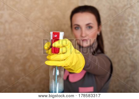 Cleaning servisce cleaner work in rubber gloves