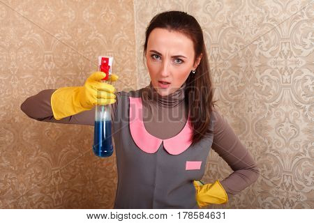 Cleaning servisce cleaner work in rubber gloves 