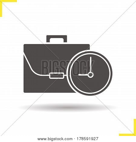 Work time icon. Drop shadow working hours silhouette symbol. Business briefcase with clock. Negative space. Vector isolated illustration