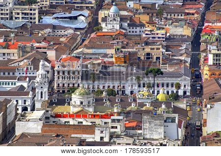 Old city of Quito from the Panecillo hill. A view of the downtown area, Ecuador, South America.