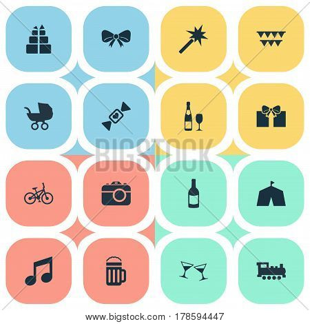 Vector Illustration Set Of Simple Birthday Icons. Elements Circus, Present, Train And Other Synonyms Baby, Sweet And Sound.