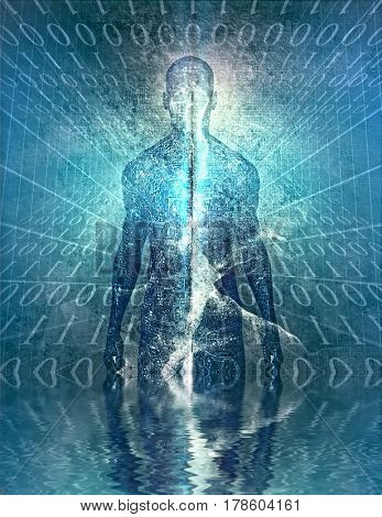 Mysterious figure with binary code   3D Rendering