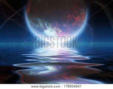 Exosolar Planet Rise over quiet waters   3D Rendering