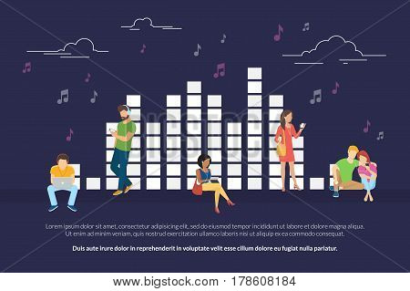 Music equalizer concept illustration of young men and women using devices such as laptop, smartphone, digital tablets for listening to music and relaxing. Flat design of people addicted to music