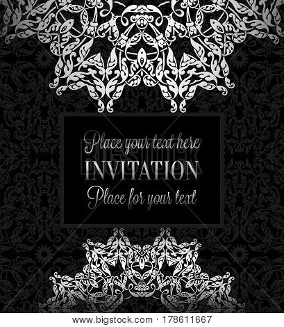 Luxury Ornament, Lace In Antique Black And Silver Colors With Vintage Frame, Victorian Style Invitat
