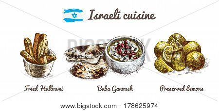 Israeli menu colorful illustration. Vector illustration of Israeli cuisine.
