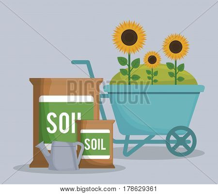 wheelbarrow with flowers and soil bags over background. colorful design. vector illustration