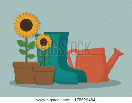 boots, watercan and beautiful flowers in a pot over blue background. colorful design. vector illustration