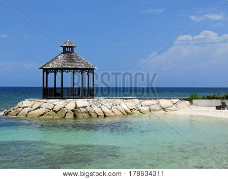 Beautiful and relaxing ocean view of gazebo in Montego Bay Jamaica