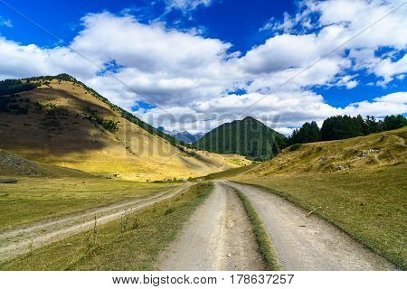 View In Mountains. Road To Shenako Village In Tusheti Region. Georgia