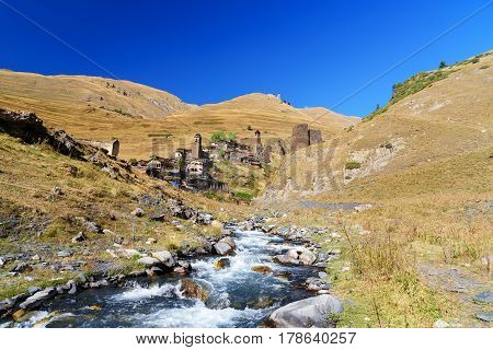 Old Village Dartlo On River In Tusheti Nature Reserve. Georgia