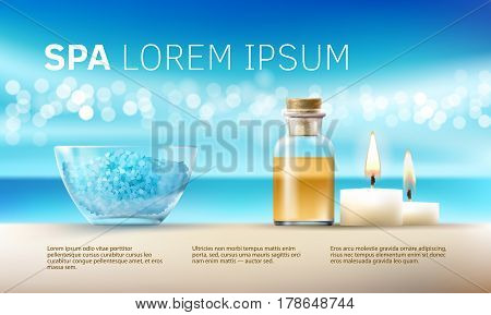 Vector illustration of a realistic style, set for spa treatments with aromatic salt , massage oil, candles. Excellent turquoise advertising poster for the spa salon.