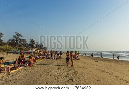 Arambol Beach, Goa, India - February 23, 2017: Flea Market On Arambol Beach At Sunset In Goa, India