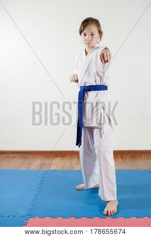 Children During Training In Karate. Fighting Position