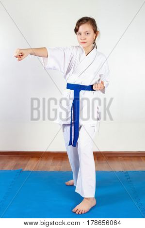 Children During Training In Karate. Fighting Position