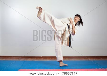 Woman demonstrate martial arts working together. Fighting position active lifestyle practicing fighting techniques