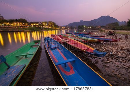 boats in Nam Song river at Vang Vieng, Laos