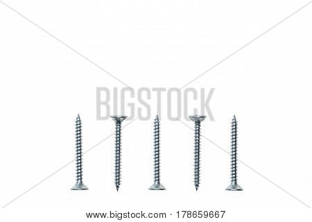 steel twinfast screws arranged in a row isolated on white background