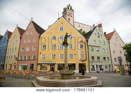 Pedestrian Street In Fussen With Typical Bavarian Buildings.