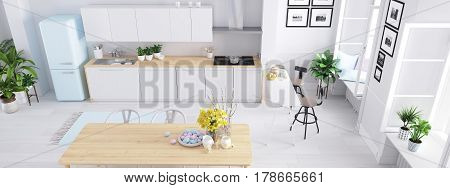 3D rendering of modern kitchen in a loft.