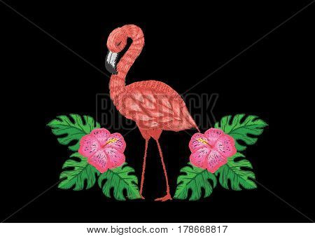 Beautiful flamingo and tropical flower in summer embroidery design. Stock Vector