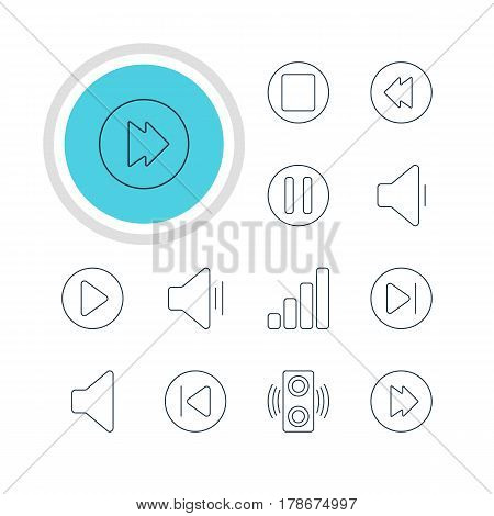 Vector Illustration Of 12 Melody Icons. Editable Pack Of Subsequent, Decrease Sound, Lag And Other Elements.