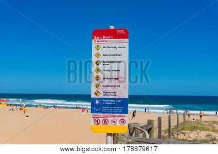 Garie Beach Warning Sign With Beach Rules