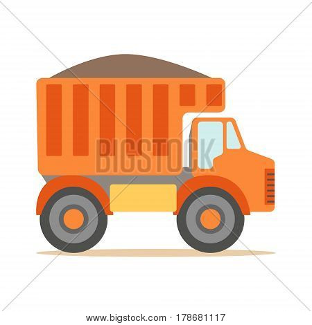 Orange Truck Loaded With Gravel , Part Of Roadworks And Construction Site Series Of Vector Illustrations. Flat Cartoon Drawings With Professional City Streets Maintenance Scenes .