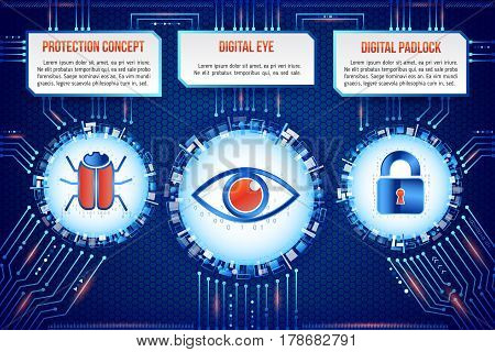 Digital technology concept of background with hacker bug eye and padlock. Circuit board background. Hi-tech electronic wires. Abstract information security. Modern safety digital background.