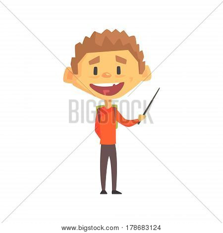 Smiling Boy With Pointer, Primary School Kid, Elementary Class Member, Isolated Young Student Character. Elementary School Scholar On School Trip Flat Cartoon Illustration With Child.
