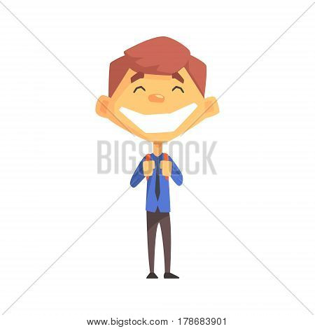 Ecstatic Boy With A Tie, Primary School Kid, Elementary Class Member, Isolated Young Student Character. Elementary School Scholar On School Trip Flat Cartoon Illustration With Child.