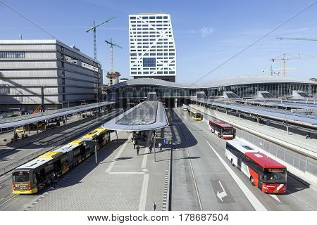 utrecht 15march 2017: new railway station and bus station utrecht seen from footbridge on sunny spring day in the netherlands