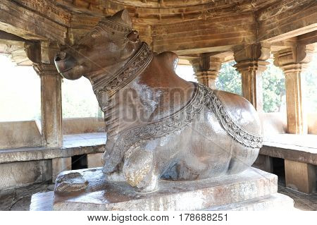 Khajuraho, India - 30 January 2015: Nandi sculpture at the Khajuraho temples on India