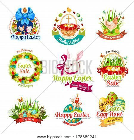 Easter sale and egg hunt celebration cartoon icon set. Easter egg, rabbit bunny, spring flower wreath, chicken, egg hunt basket, chick, lamb of God and cross with ribbon banner and special offer text