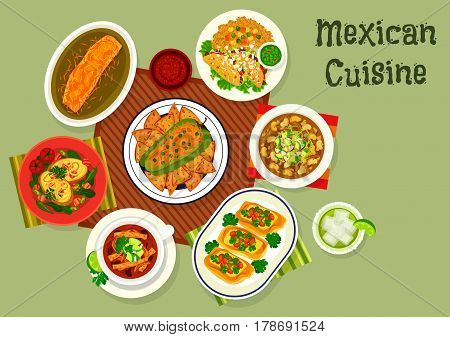 Mexican cuisine beef tacos icon served with guacamole and rice, stuffed pepper with meat and cheese, baked burrito, chicken soup with tortilla, potato with bacon, pork bean soup, toast with bean pate