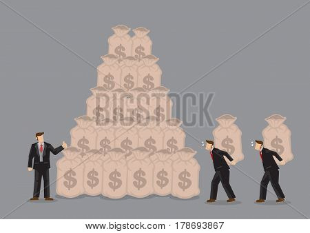 Workers carrying bags of money on their back to build the wealth of rich businessman. Creative vector illustration on concept for using others to make money.