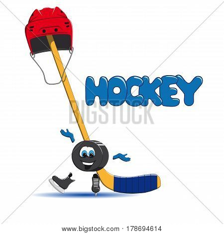 Hockey puck is ice skating and in the background a hockey red helmet and an ice hockey hat are put on the stick