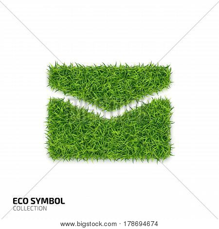 Envelope icon from green grass. Eco mail icon isolated on white background. Symbol with the green lawn texture. Ecology symbol collection. Vector illustration