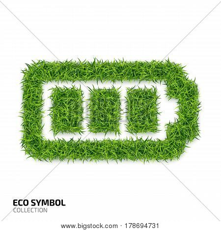 Battery icon from green grass. Eco charging icon isolated on white background. Symbol with the green lawn texture. Ecology symbol collection. Vector illustration