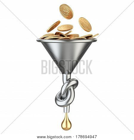 Funnel knoted with golden coins and drop. 3D illustration isolated on a white nackground.