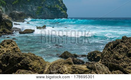 Ocean Waves on Tembeling Coastline at Nusa Penida island, Bali -Indonesia